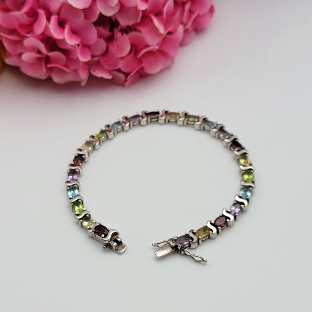 Vintage Thailand 925 Sterling Silver Multi Gemstone Bead Chain Bracelet 7.5"
